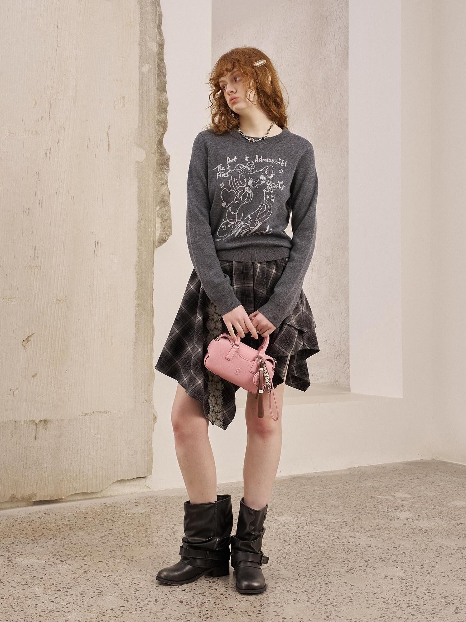 DIDDI MODA Rose Cartoon Kitten Round Neck Loose Pullover Women&