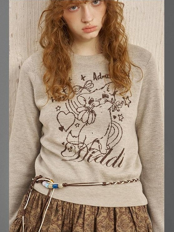 DIDDI MODA Rose Cartoon Kitten Round Neck Loose Pullover Women&
