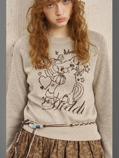 DIDDI MODA Rose Cartoon Kitten Round Neck Loose Pullover Women&