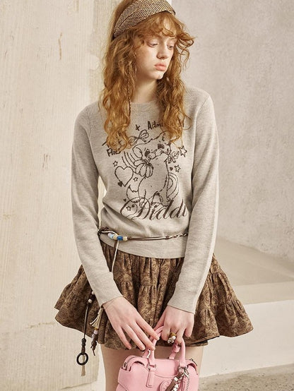DIDDI MODA Rose Cartoon Kitten Round Neck Loose Pullover Women&