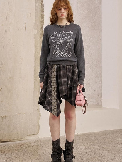 DIDDI MODA Rose Cartoon Kitten Round Neck Loose Pullover Women&