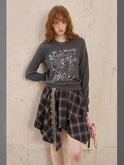 DIDDI MODA Rose Cartoon Kitten Round Neck Loose Pullover Women&