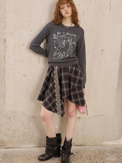 DIDDI MODA Rose Cartoon Kitten Round Neck Loose Pullover Women&