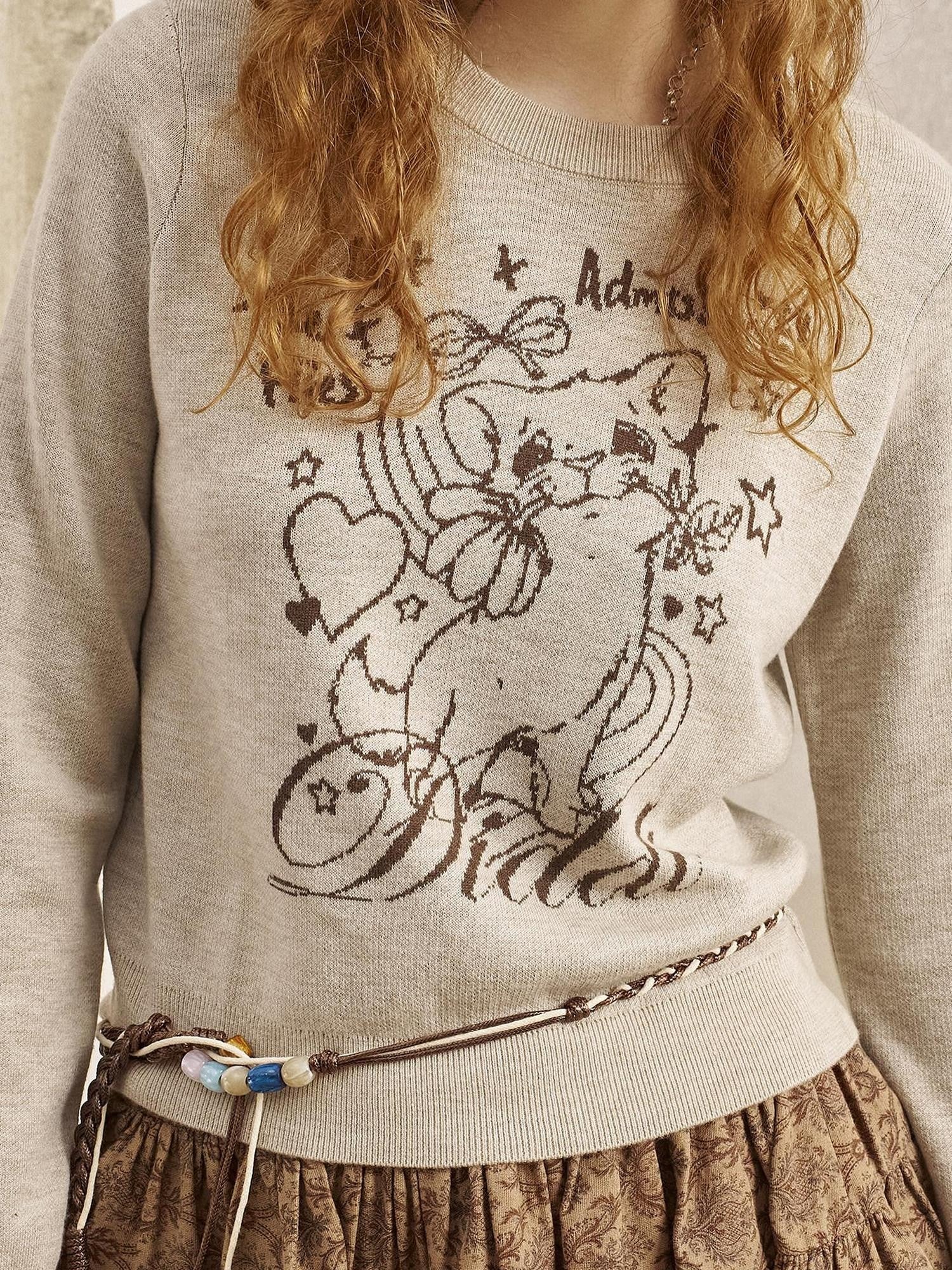 DIDDI MODA Rose Cartoon Kitten Round Neck Loose Pullover Women&