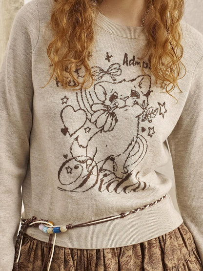 DIDDI MODA Rose Cartoon Kitten Round Neck Loose Pullover Women&