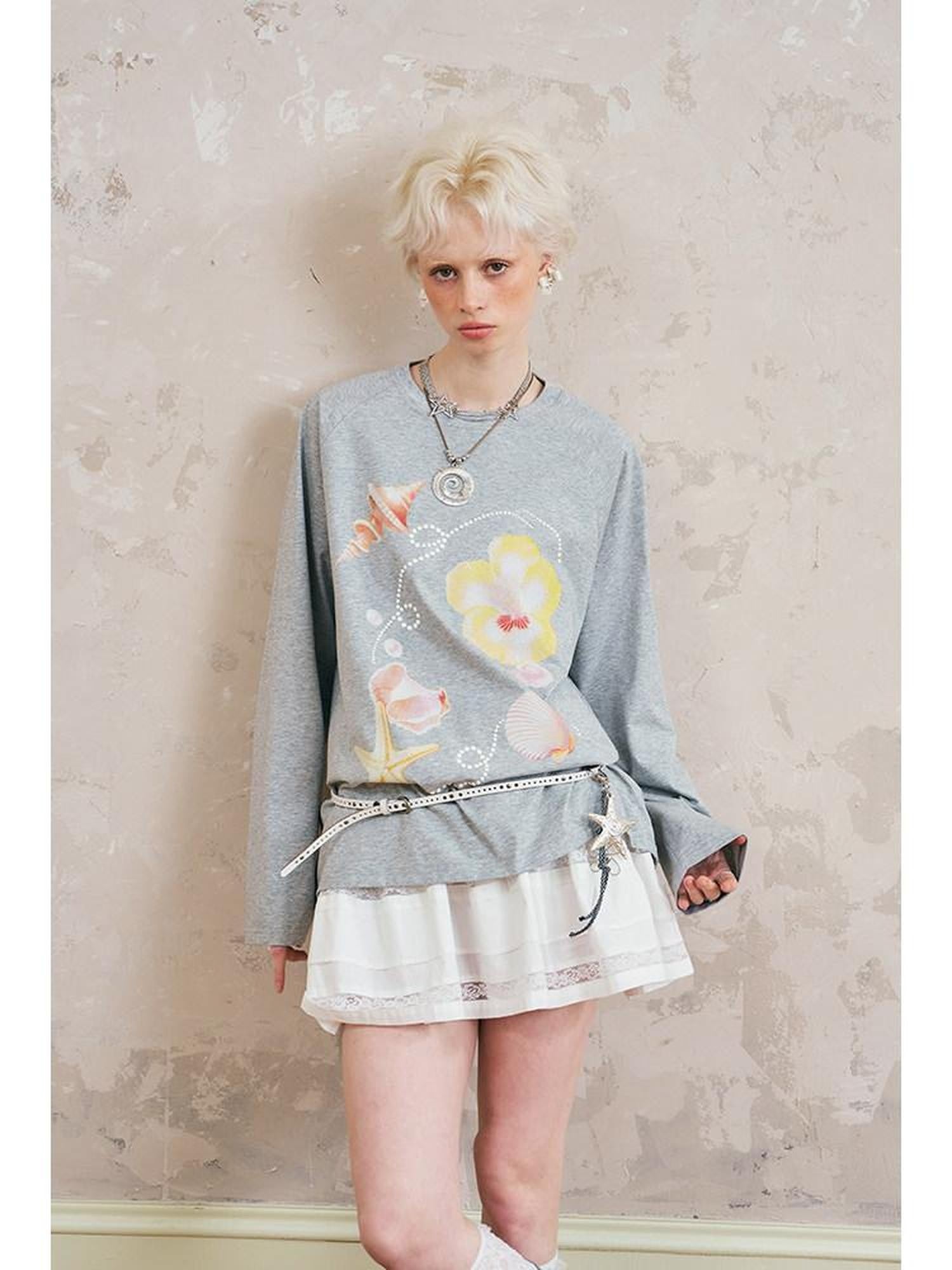 DIDDI MODA Round Neck Floral Shell Print Loose Fit Women&