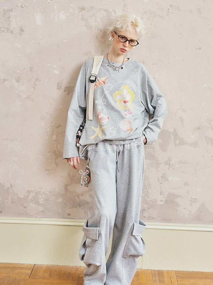 DIDDI MODA Round Neck Floral Shell Print Loose Fit Women&