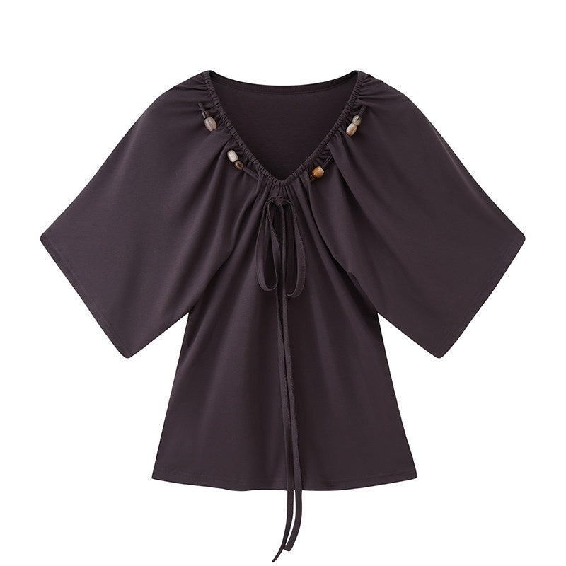DIDDI_MODA_Sage_Ruched_Beaded_V-neck_Loose_Batwing_Women&