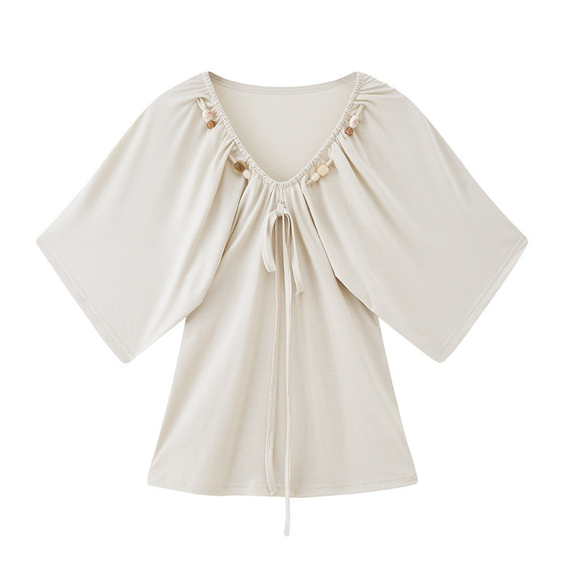 DIDDI_MODA_Sage_Ruched_Beaded_V-neck_Loose_Batwing_Women&