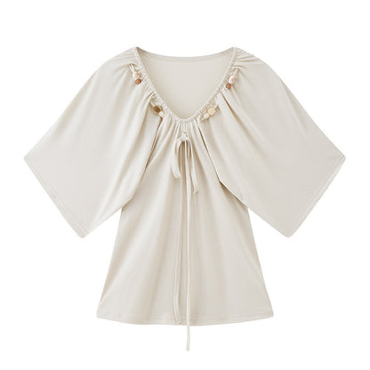 DIDDI_MODA_Sage_Ruched_Beaded_V-neck_Loose_Batwing_Women&