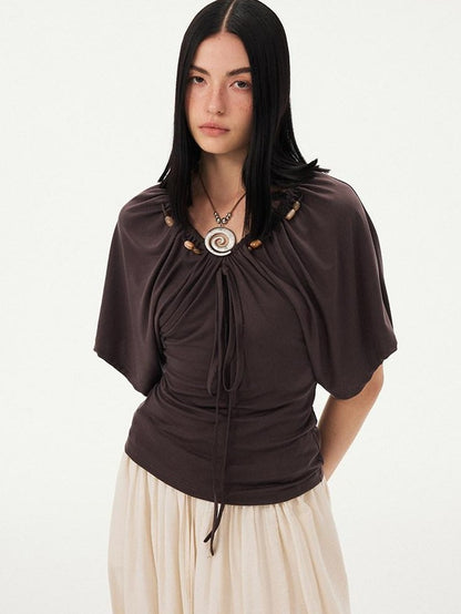 DIDDI MODA Sage Ruched Beaded V-neck Loose Batwing Women&