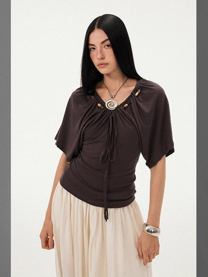 DIDDI MODA Sage Ruched Beaded V-neck Loose Batwing Women&
