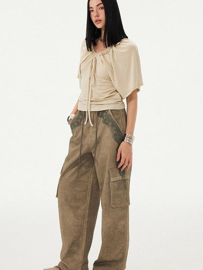 DIDDI MODA Sage Ruched Beaded V-neck Loose Batwing Women&