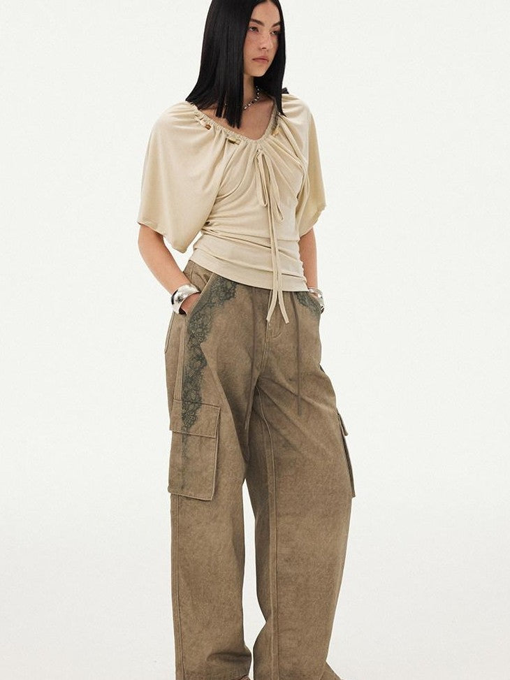 DIDDI MODA Sage Ruched Beaded V-neck Loose Batwing Women&
