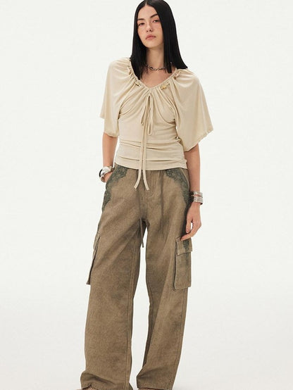 DIDDI MODA Sage Ruched Beaded V-neck Loose Batwing Women&