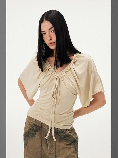 DIDDI MODA Sage Ruched Beaded V-neck Loose Batwing Women&