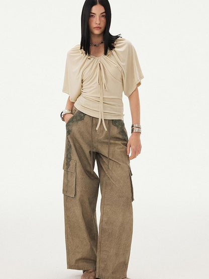 DIDDI MODA Sage Ruched Beaded V-neck Loose Batwing Women&