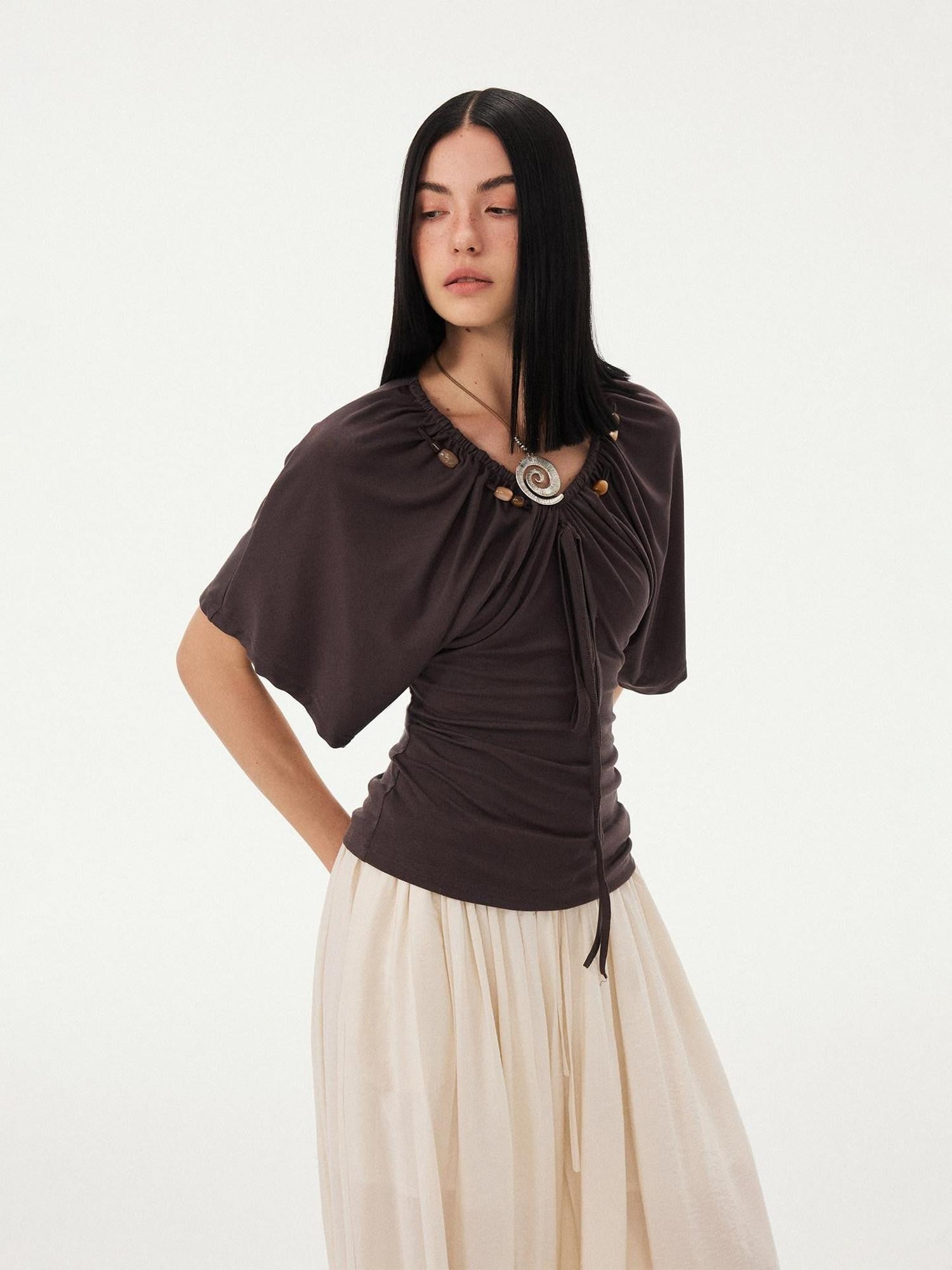 DIDDI MODA Sage Ruched Beaded V-neck Loose Batwing Women&