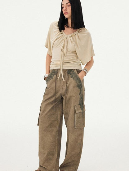 DIDDI MODA Sage Ruched Beaded V-neck Loose Batwing Women&