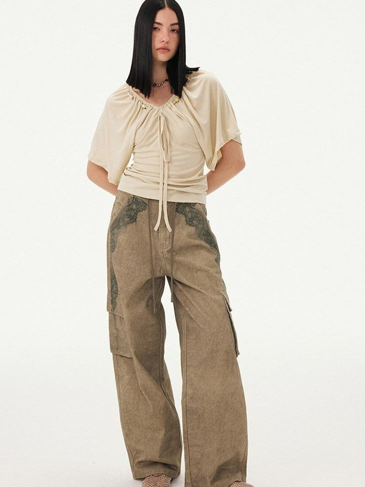 DIDDI MODA Sage Ruched Beaded V-neck Loose Batwing Women&