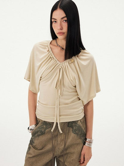 DIDDI MODA Sage Ruched Beaded V-neck Loose Batwing Women&