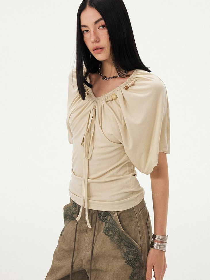 DIDDI MODA Sage Ruched Beaded V-neck Loose Batwing Women&