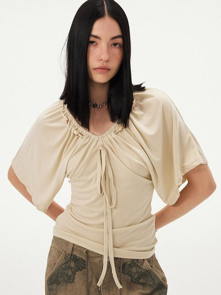 DIDDI MODA Sage Ruched Beaded V-neck Loose Batwing Women&