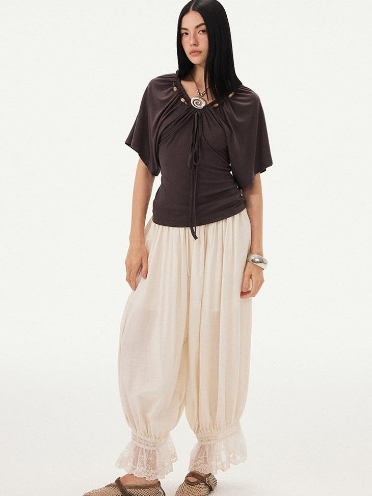 DIDDI MODA Sage Ruched Beaded V-neck Loose Batwing Women&