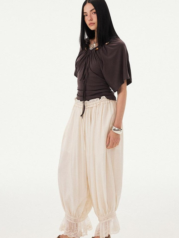 DIDDI MODA Sage Ruched Beaded V-neck Loose Batwing Women&