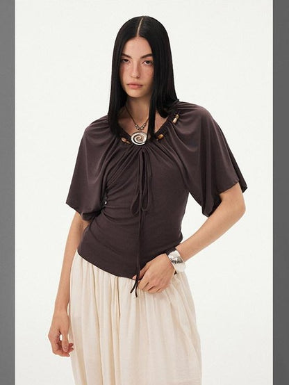 DIDDI MODA Sage Ruched Beaded V-neck Loose Batwing Women&