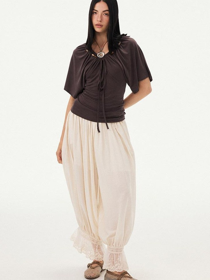 DIDDI MODA Sage Ruched Beaded V-neck Loose Batwing Women&