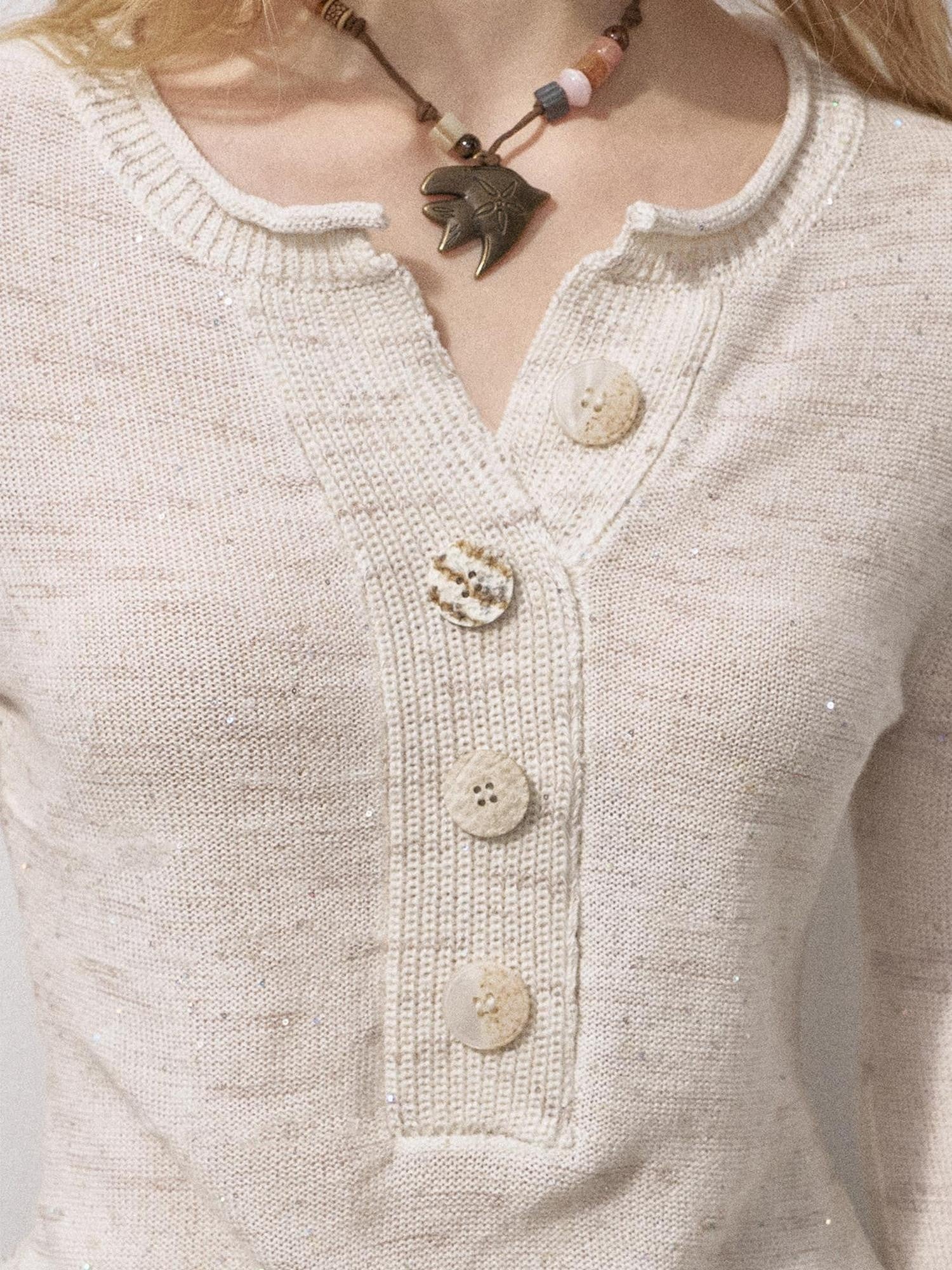 DIDDI MODA Sequin Henley Neck Wide Placket Knit Women&