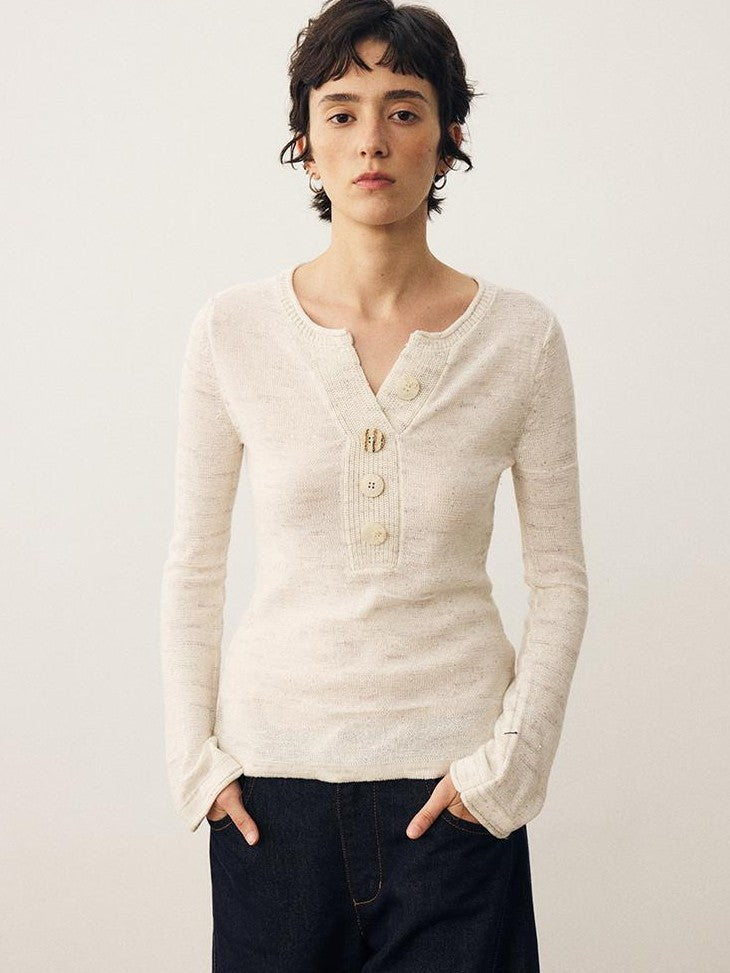 DIDDI MODA Sequin Knit Henley Wide Placket Slim Fit Women&