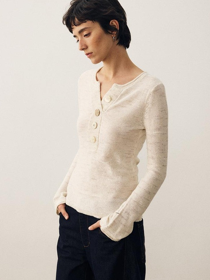 DIDDI MODA Sequin Knit Henley Wide Placket Slim Fit Women&