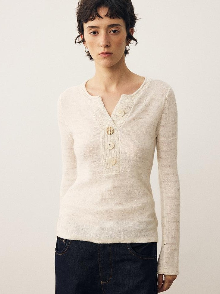 DIDDI MODA Sequin Knit Henley Wide Placket Slim Fit Women&