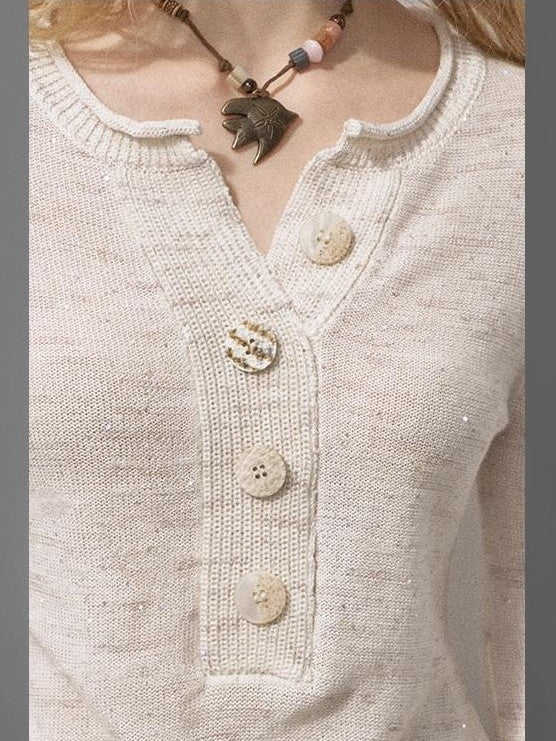 DIDDI MODA Sequin Knit Henley Wide Placket Slim Fit Women&