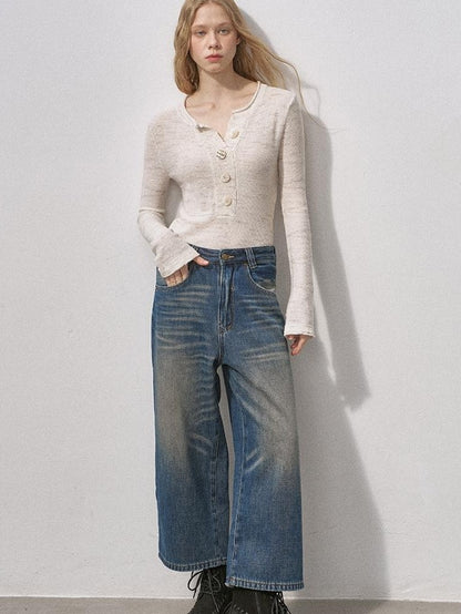 DIDDI MODA Sequin Knit Henley Wide Placket Slim Fit Women&