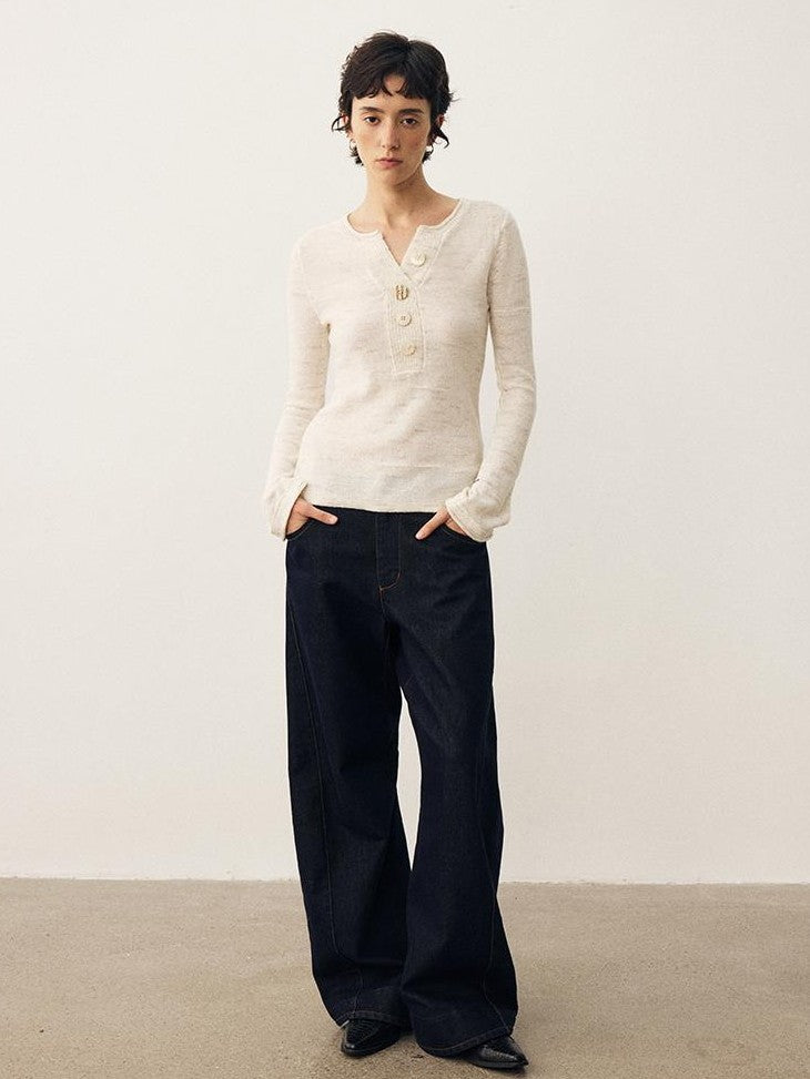 DIDDI MODA Sequin Knit Henley Wide Placket Slim Fit Women&