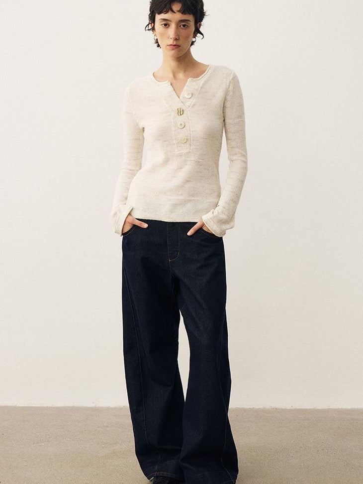 DIDDI MODA Sequin Knit Henley Wide Placket Slim Fit Women&