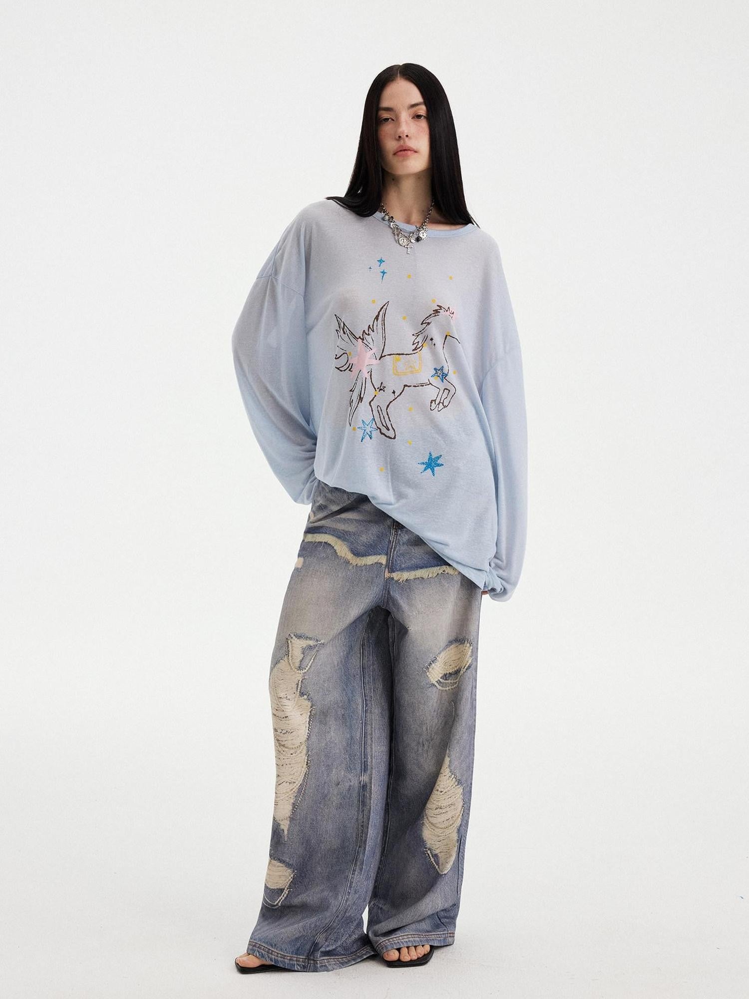 DIDDI MODA Sheer Star Horse Print Dropped Shoulder U Neck Women&