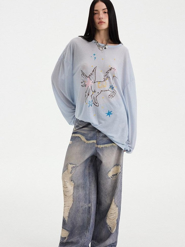 DIDDI MODA Sheer Star Horse Print Dropped Shoulder U Neck Women&