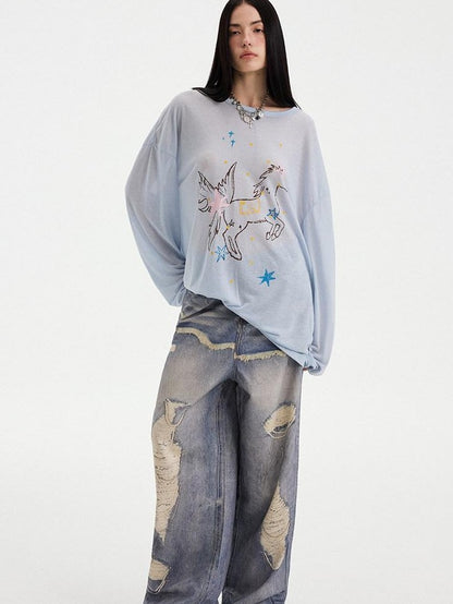 DIDDI MODA Sheer Star Horse Print Dropped Shoulder U Neck Women&