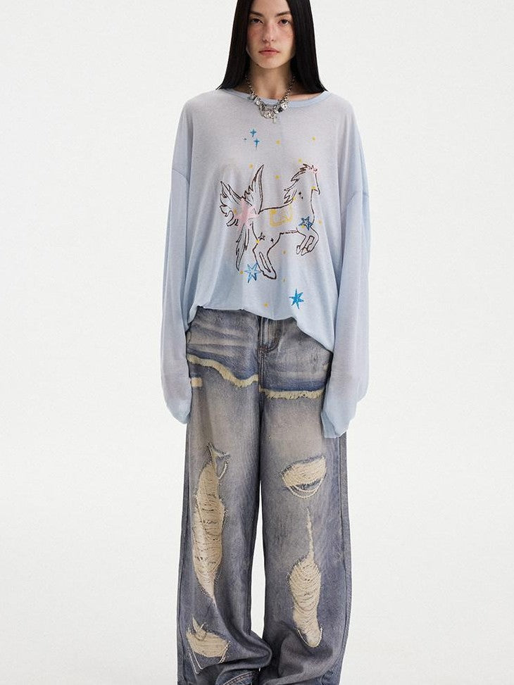 DIDDI MODA Sheer Star Horse Print Dropped Shoulder U Neck Women&