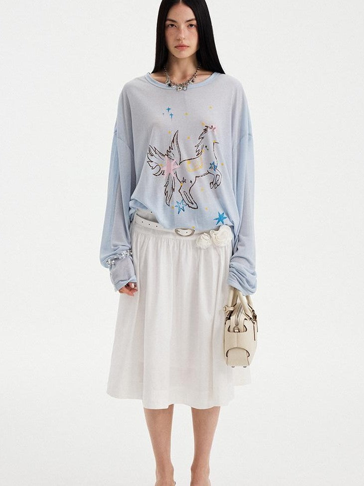 DIDDI MODA Sheer Star Horse Print Dropped Shoulder U Neck Women&