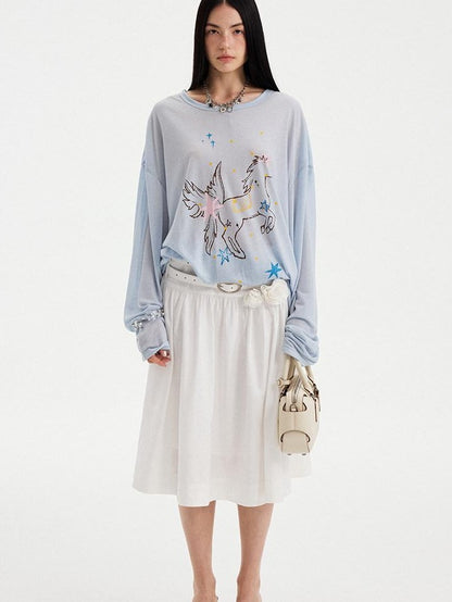 DIDDI MODA Sheer Star Horse Print Dropped Shoulder U Neck Women&