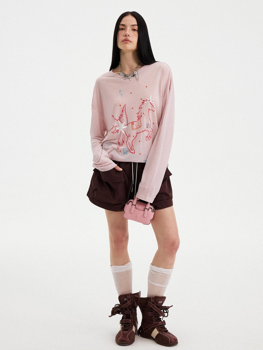 DIDDI MODA Sheer Star Horse Print Dropped Shoulder U Neck Women&