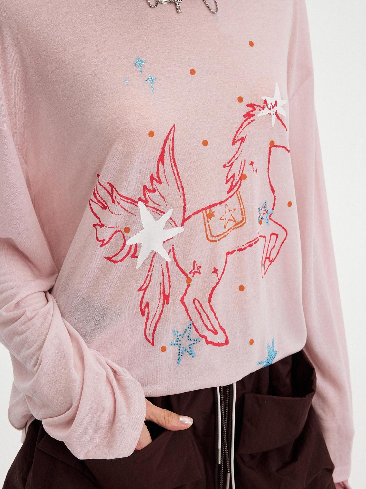 DIDDI MODA Sheer Star Horse Print Dropped Shoulder U Neck Women&