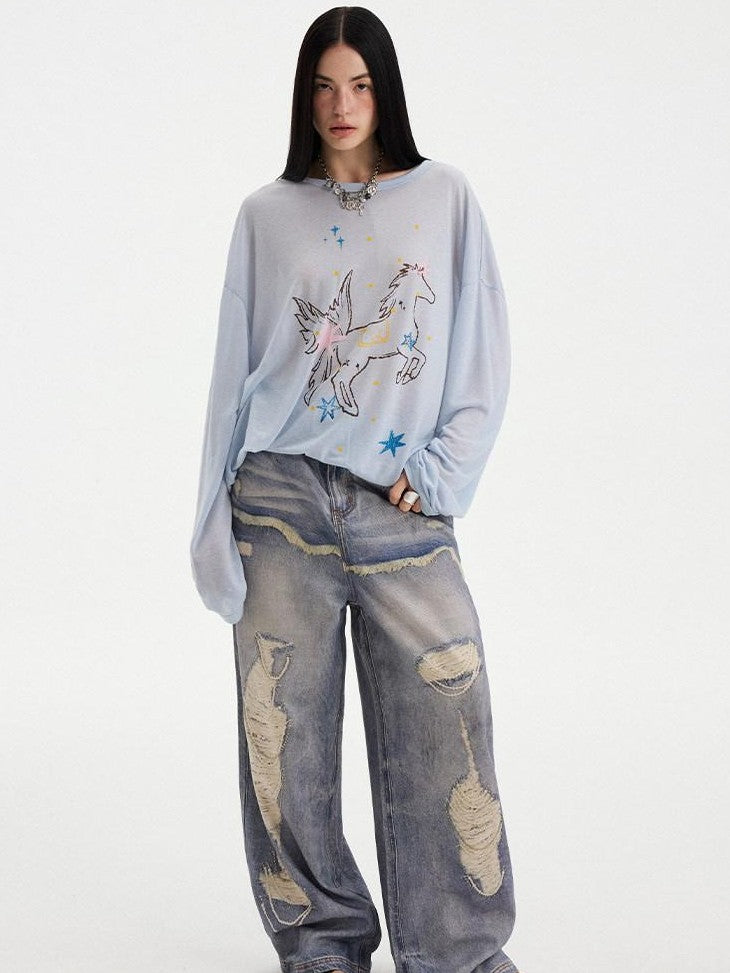 DIDDI MODA Sheer Star Horse Print Dropped Shoulder U Neck Women&