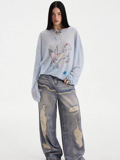 DIDDI MODA Sheer Star Horse Print Dropped Shoulder U Neck Women&