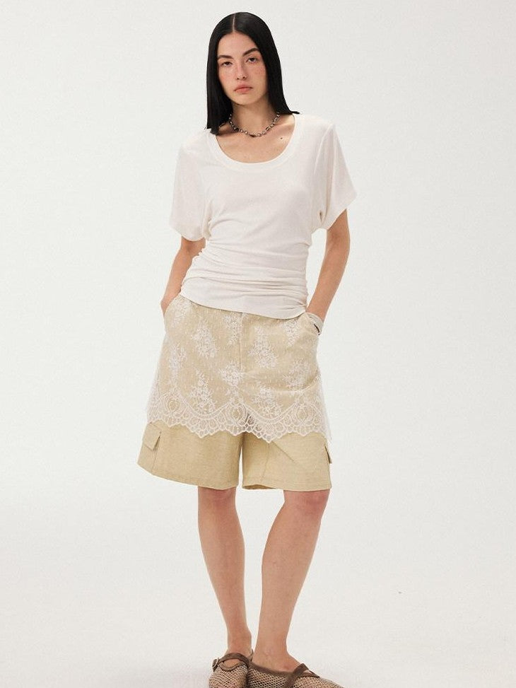 DIDDI MODA Sheer Yellow Lace Splice Relaxed Straight Women&